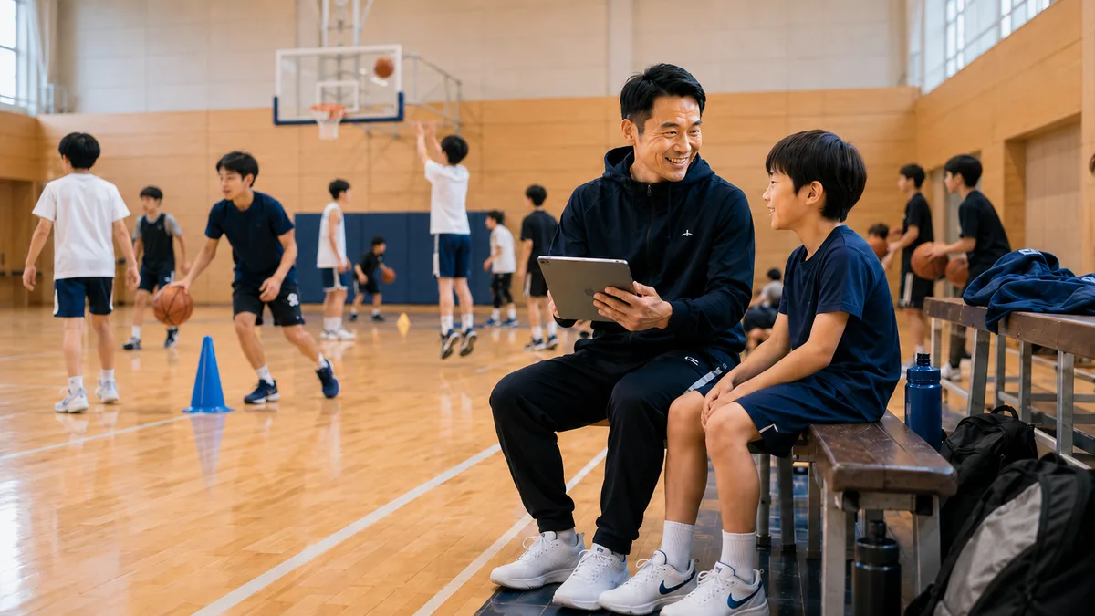 BasketGoを使ってバスケを指導するコーチと少年